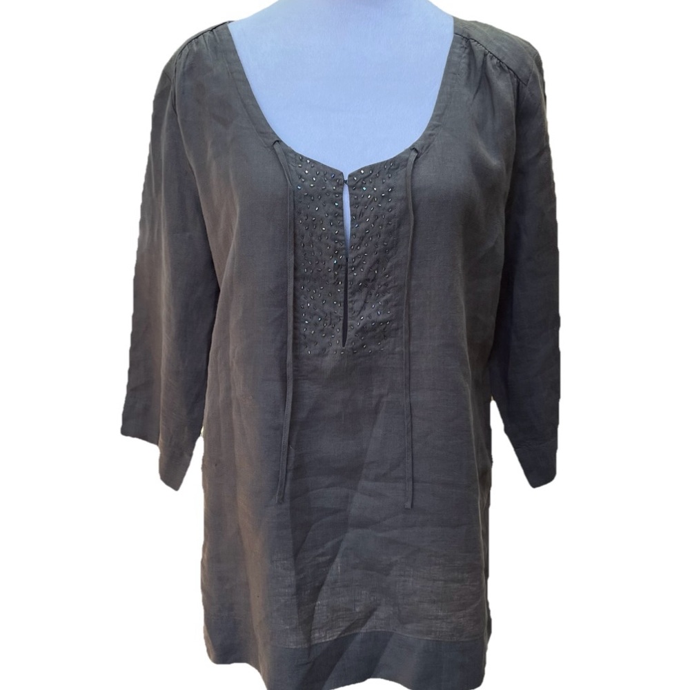 Eileen Fisher Gray Irish Linen Glass Beaded Placket‎ Classic Tunic Top Shirt M